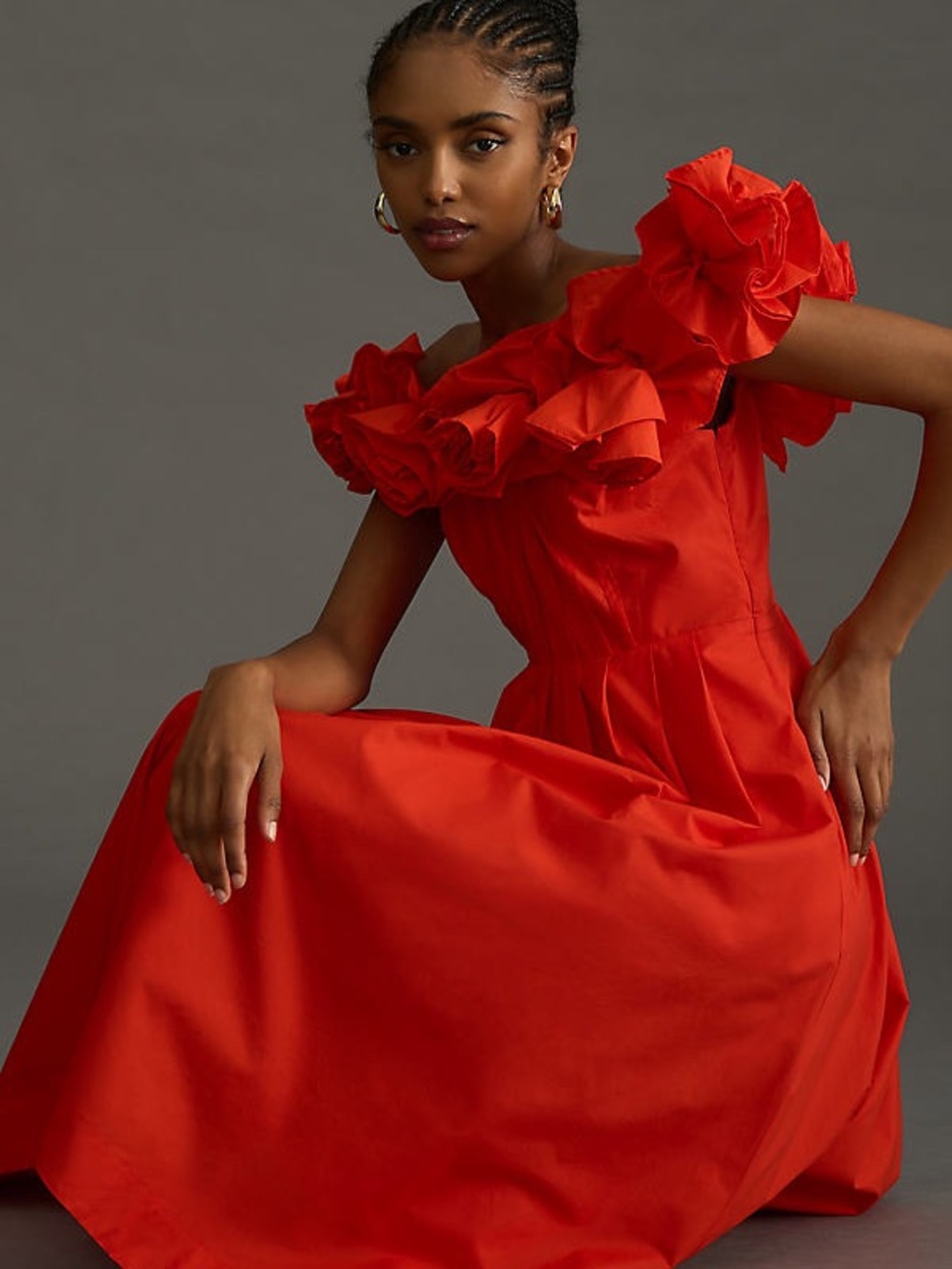 Anthropologie Vibrant Red Ruffle-Shoulder Midi Dress